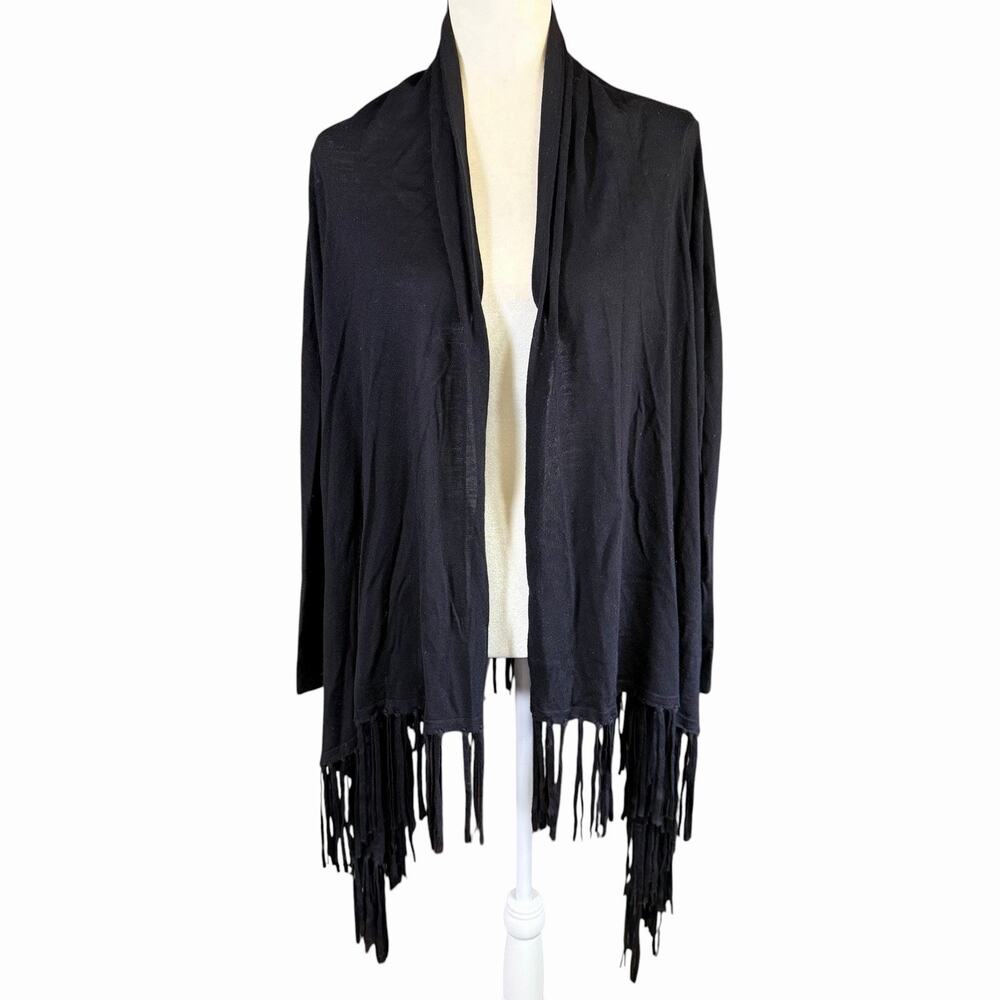 Lauren Ralph Lauren Womens 100% Wool Open Cardigan Black One Size Fringe Witchy